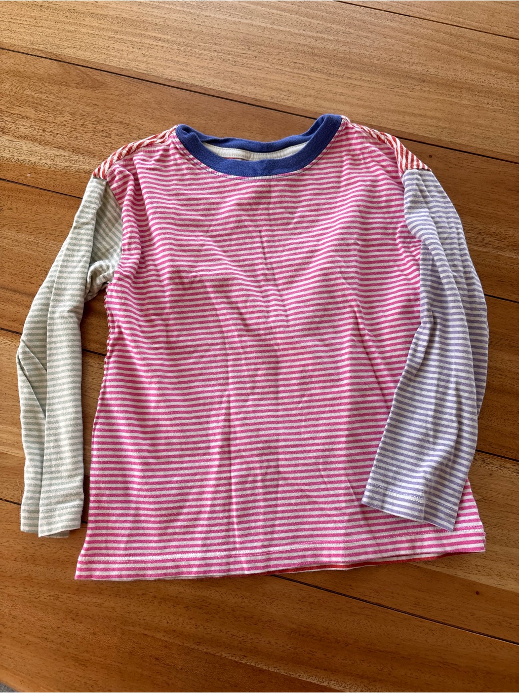 Hanna Andersson Pink Stripe Long Sleeve Colorblock Tee With Blue Neckline